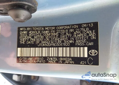 2013 Toyota Prius Plug-In z USA, uszkodzony, nr VIN JTDKN3DP8D3047820